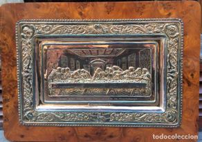 Antigüedades: Preciosa placa de la última cena labrada en cobre con baño de plata